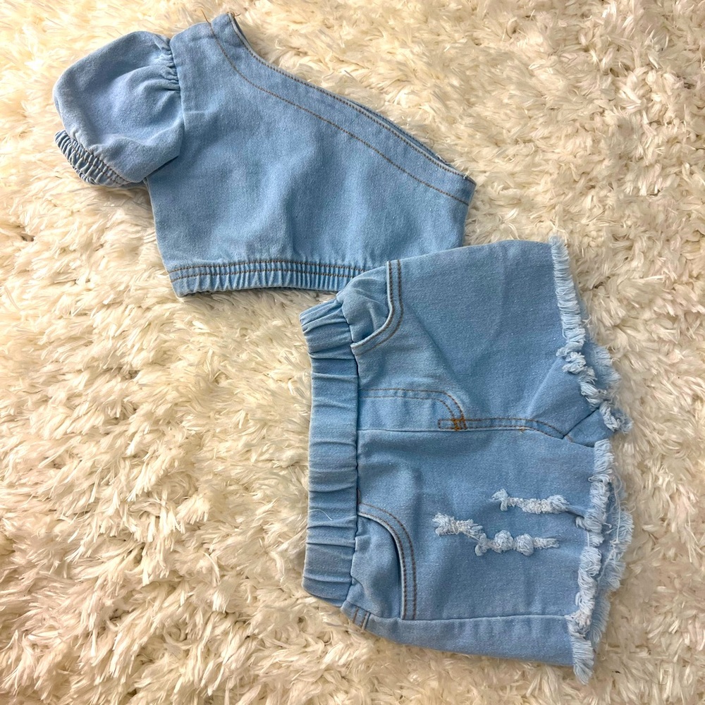 One shoulder denim short set